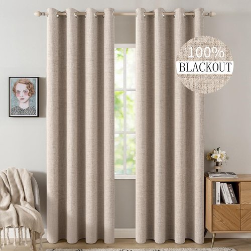 MIULEE 100% Blackout Linen Textured Curtains - Thermal Insulated Natural Beige | 52 x 84 Inch (2 Panels)