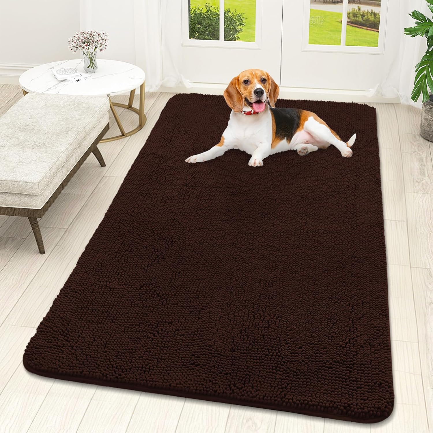OLANLY Dog Door Mat - Absorbent Non-Slip Chenille for Muddy Paws | 59x32 Inches, Quick Dry, Brown