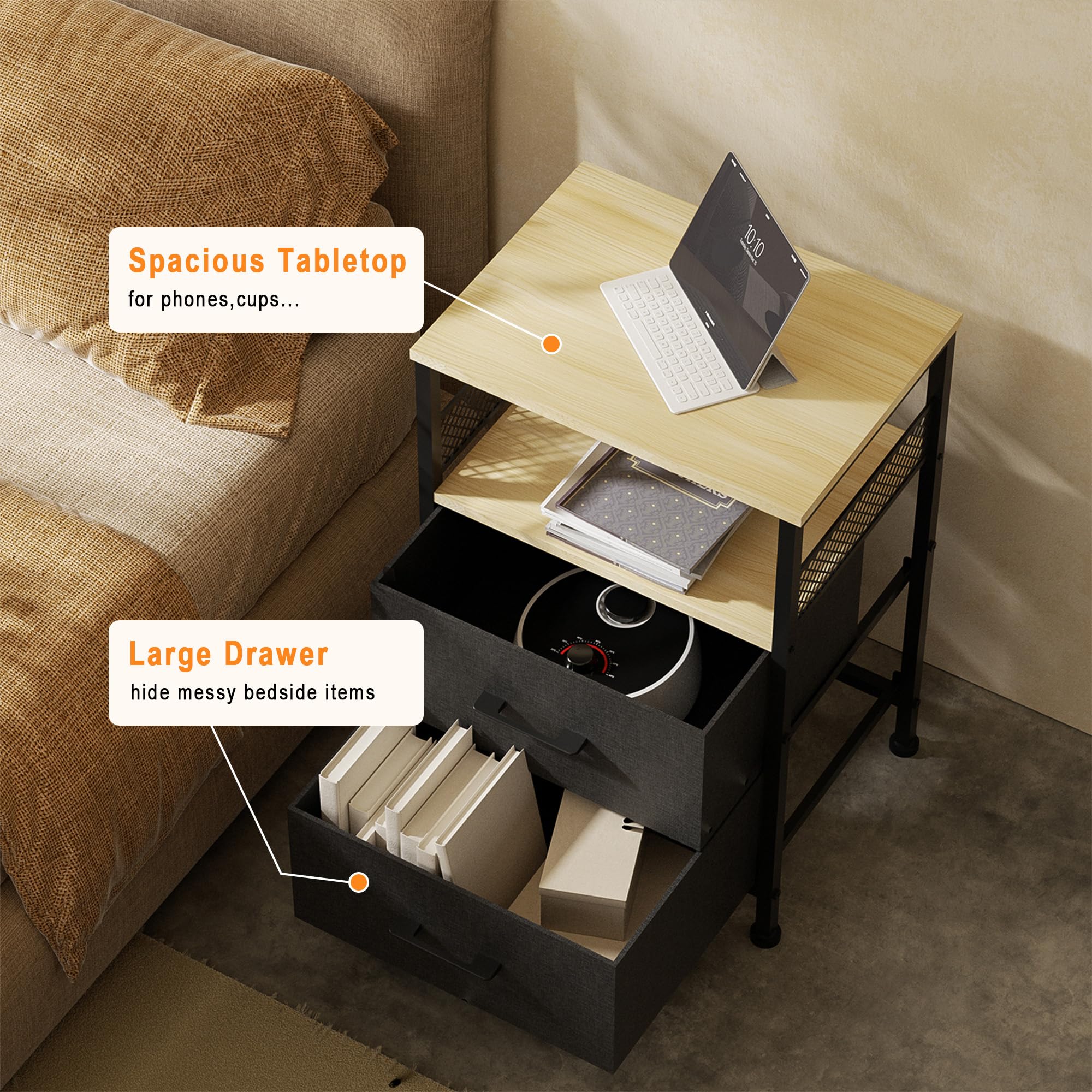 YUJSBHJAN Nightstand with Fabric Drawers, 2-Tier Storage Side Table,End Table with Open Shelf, Night Stand for Living Room, Natural and Black