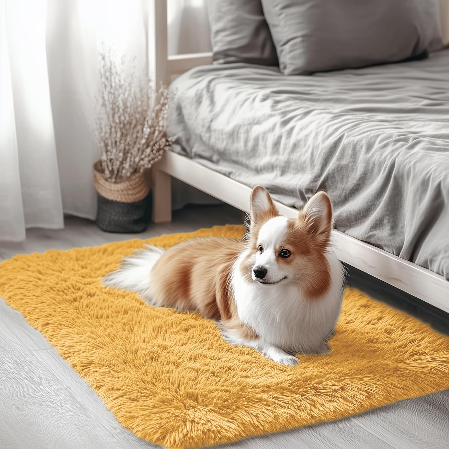 OLANLY Small Bedside Rug - Soft Fluffy Shaggy Indoor Carpet for Bedroom & Living Room | Mustard Yellow