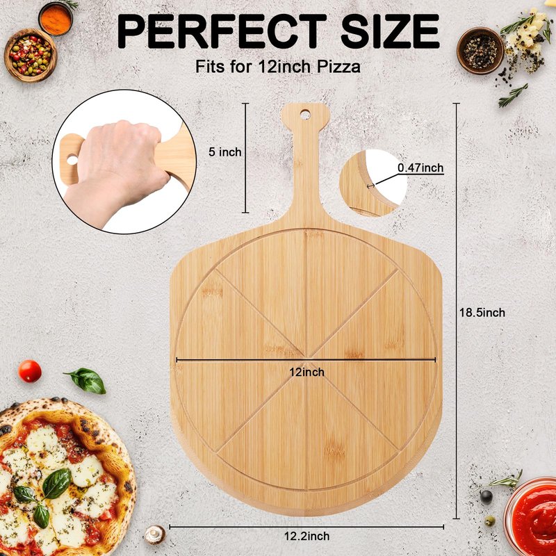 Tvorvik Bamboo Pizza Peel - 18.5"x12.2" with 12" Pizza Cutting Board, Pizza Paddle Spatula with 8 Slice Grooves, also fit for Cheese Bread Fruit Vegetables
