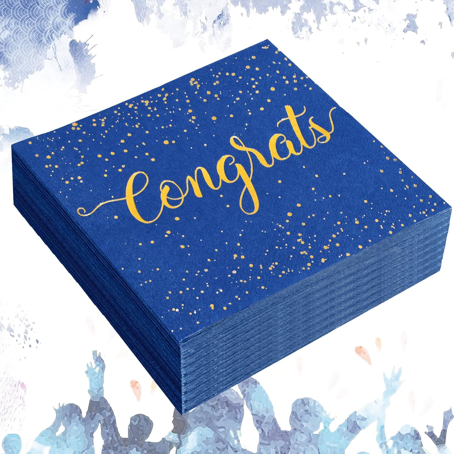 Whaline Graduation Cocktail Napkins - 80 Pack Blue & Gold Foil Congrats Design | Disposable Party Tableware