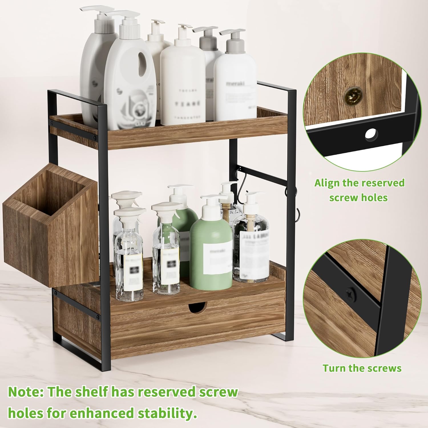 Skiennix 2-Tier Bathroom Counter Organizer - Wood Vanity Storage with Drawer & Basket | Dark Brown
