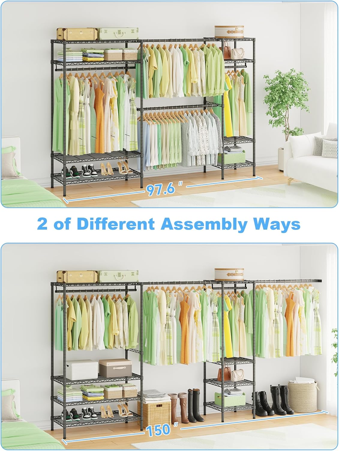 Ulif E11 Heavy-Duty Garment Rack - Metal Freestanding Clothes Organizer with 8 Shelves & 4 Hanger Rods | Black, 73.2-97.6" W x 14.5" D x 71.2" H, 1034 LBS Capacity