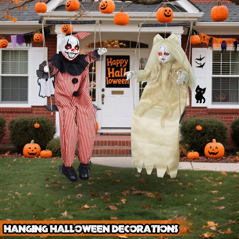 [Sound Activated] 2 Pack Hanging Halloween Decorations Outdoor, 40" Hanging Swinging Clown and Girl Ghosts Decor with Lighted Up Eyes Creepy Sound Expressions for Halloween Party Porch Haunted House