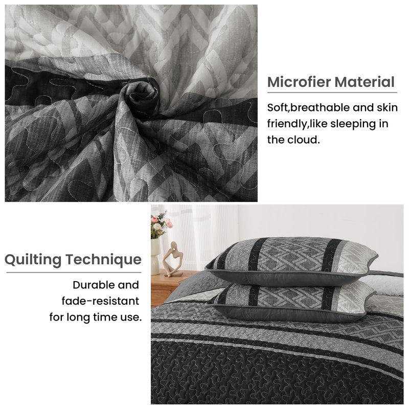 Dinjoy King Size Quilt Set Boho, Soft 3 Pieces Striped Fall Bedspreads Dark Grey Quilts Bedding Sets Boho Lightweight Quilted Coverlets Set Black for Men Bed 110"x90"