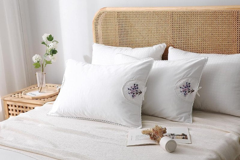 White Embroidery Pillowcases Lavender Flower Pillow Shams with lace 100% Cotton 2-Pack Twin Standard Size (26"x20")