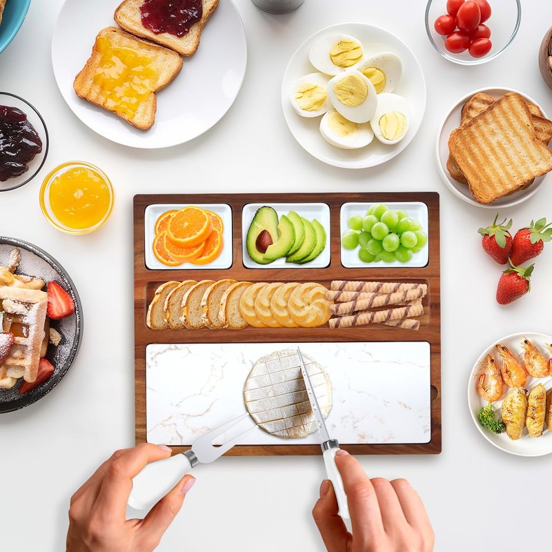 EUMUU Charcuterie Board Set Premium Large Acacia Wood Cheese Platter with Reusable Bowls, Cheese Knives and Forks - Housewarming, Wedding, Bridal Shower, Birthday Gifts