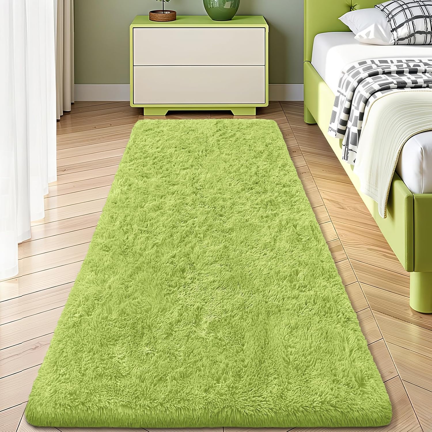 OLANLY Runner Rugs - Soft, Fluffy, Machine Washable | 2x8 Grass Green for Hallway & Bedroom Decor