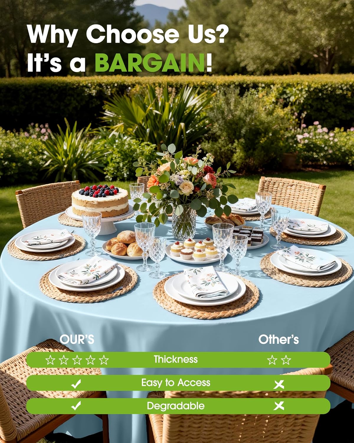 Pureegg Disposable Plastic Tablecloths - 84'' Round, Leakproof & Sturdy, Baby Blue | 8 Pack for Parties & Weddings