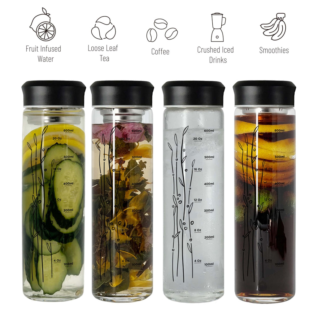 drinmoaer 23 oz Glass Water Bottle with Tea Infuser Strainer and Black Stainless Steel Lid - Tea Infuser Bottle