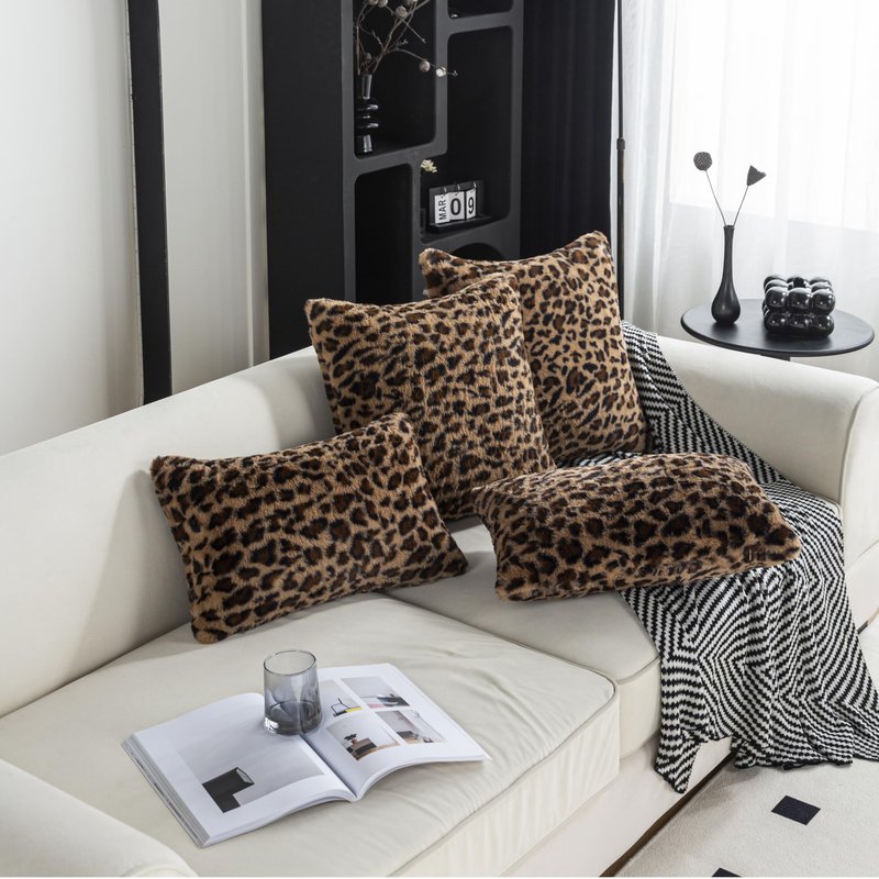 AGOKABA Leopard Print Faux Fur Throw Pillow Covers, 12x20 Inch, Set of 2, Soft Plush Animal Print Decorative Lumbar Cushion Cases for Sofa Bed Chair | Safari-Inspired Decor in Warm Terracotta Brown