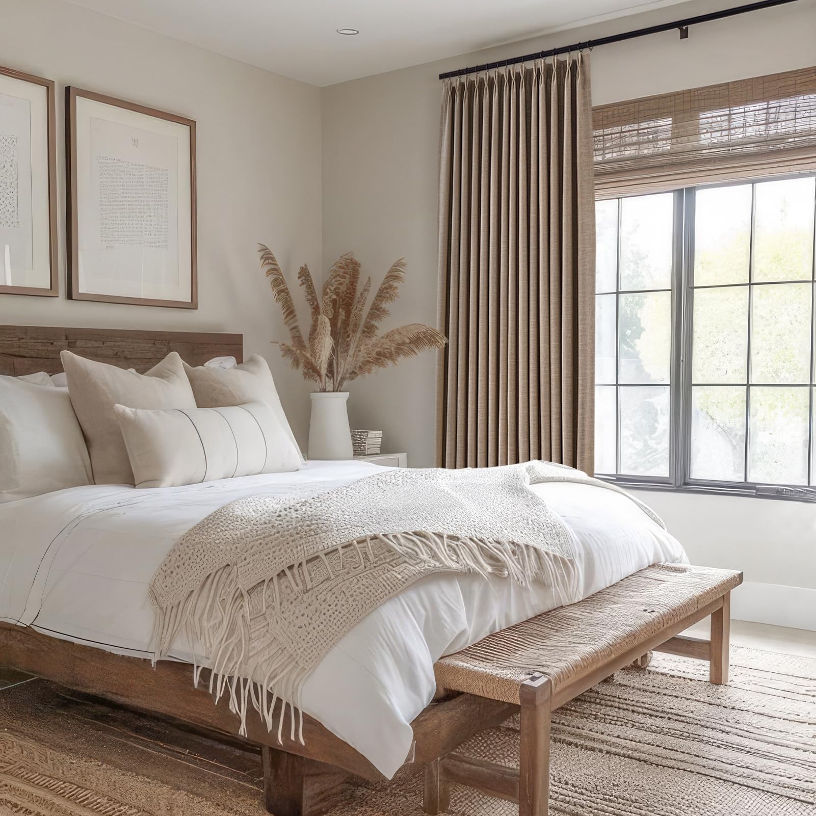 96 Inch Long Pinch Pleated Dark Linen Color Curtains,100% Blackout Thermal Insulated Natural Pinch Pleat Rustic Country Style Drapes with Hooks Rings 2 Panel Sets,Taupe Tan 8FT Window Curtain