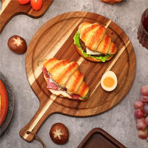 Pizza Boards with Handle 14 inch,Pizza Cutting Board Set of 6,Acacia Wood Pizza Peel 14 inch,Pizza Serving Tray Wood,Wooden Pizza Paddle Round,Small Charcuterie Boards for Cheese,Bread & Meat