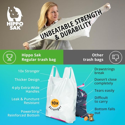 Hippo Sak - Heavy Duty 13 Gallon Kitchen Trash Bags with Ergonomic Handles | 90 Count, Leak-Proof Design