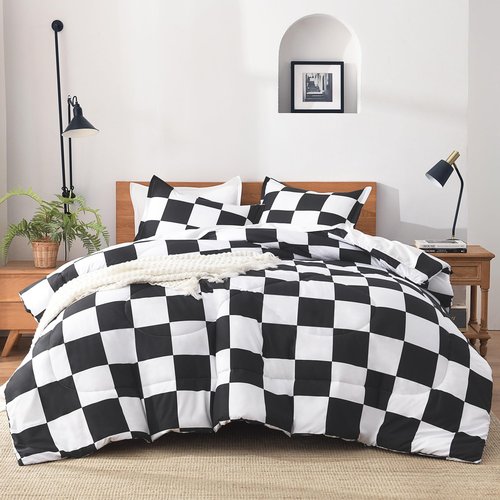 Andency Checkered Comforter Full(79x90Inch), Black White Plaid Gingham Bed Set for Teen Boys Kids, Lightweight Polyester Geometric Preppy Bedding, 3 Pieces