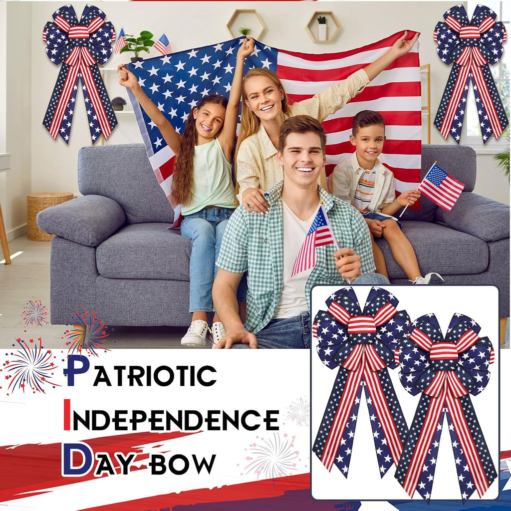 Riceshoot Patriotic Bows - 4th of July USA Red, White & Blue Star Burlap Tree Topper | 2 Pcs for Indoor/Outdoor Decor