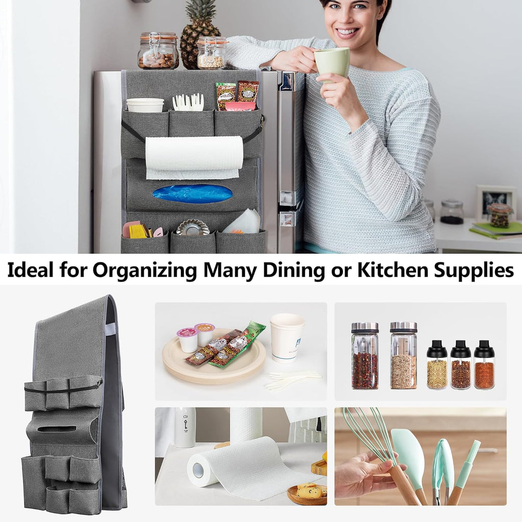 Rexmica Mini Fridge Organizer - 14-Pocket Dust Cover for Kitchen, Office & Dorm Storage | Gray