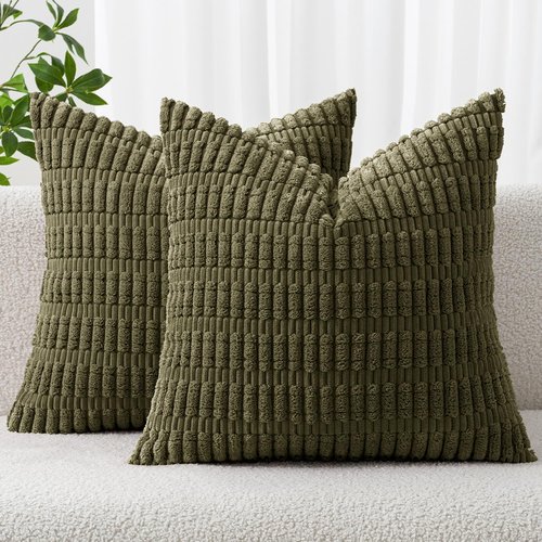 MIULEE Decorative Throw Pillow Covers - Soft Boho Striped Corduroy | 16x16 Inch Olive Green, Pack of 2