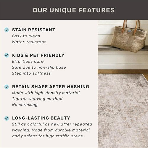 Hazo Haus Neutral Farmhouse Area Rug - 6x9 Washable Soft Textured Boho Indoor Decor, Fade & Stain Resistant