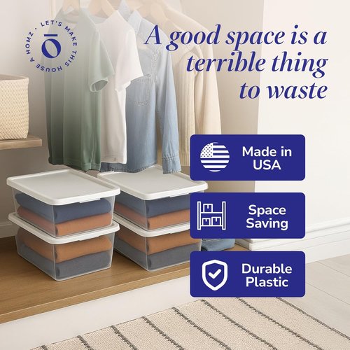 HOMZ 4-Pack Snaplock Storage Organizer Bins - Clear Plastic Containers with Lids, 12 Quart, White | Stackable for Home & Office