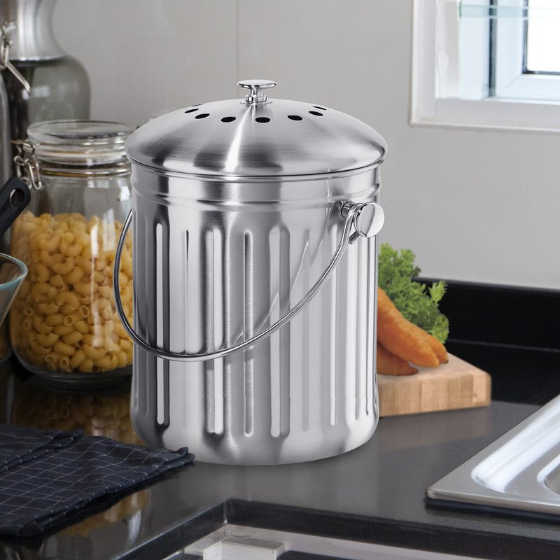 OGGI Countertop Compost Bin with Lid-1 Gallon Indoor Compost Bin w/Charcoal Filter, Stainless Steel Compost Container, Ideal Kitchen Compost Pail, Eco Friendly Products