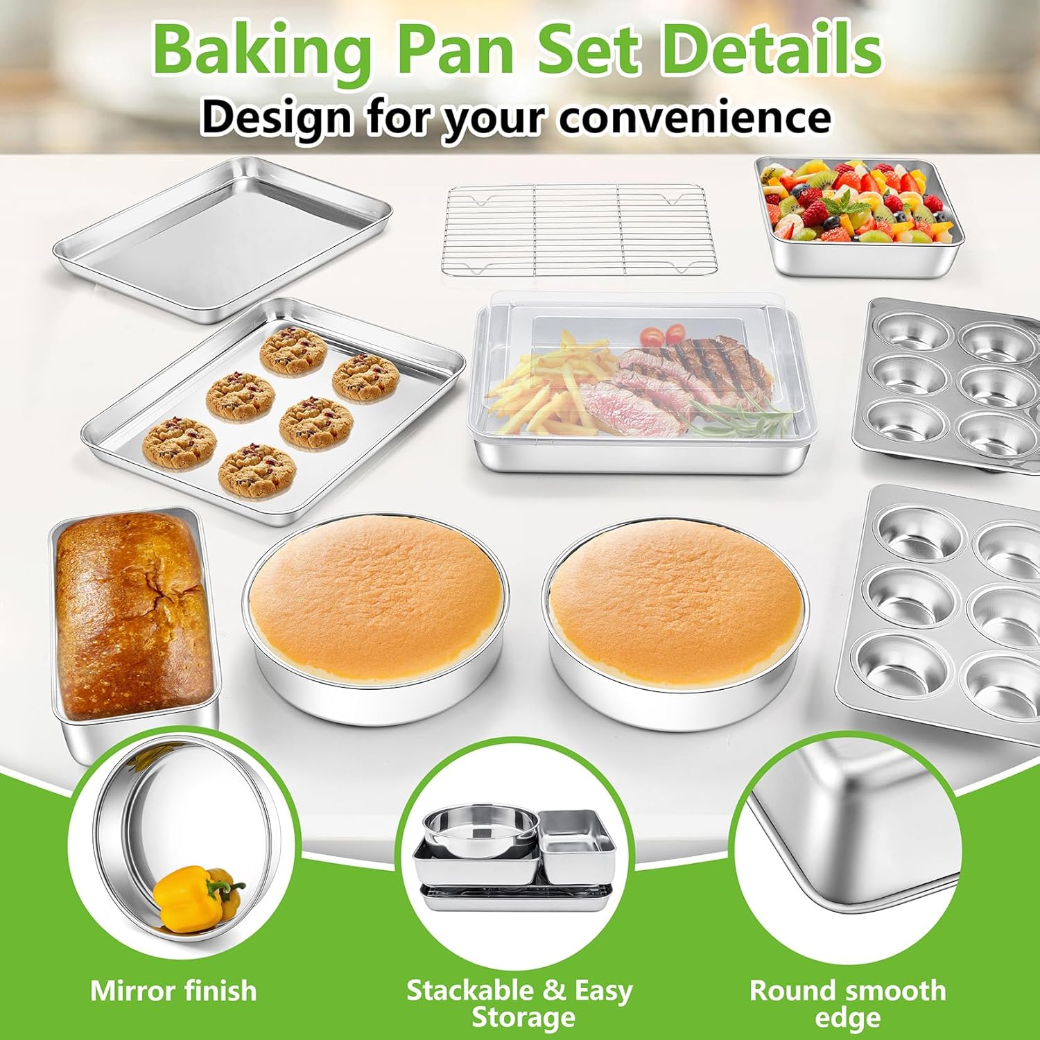 P&P CHEF Stainless Steel Bakeware Set - 11-Piece Baking Pans with Rack, Lasagna Pan, Muffin & Loaf Pans