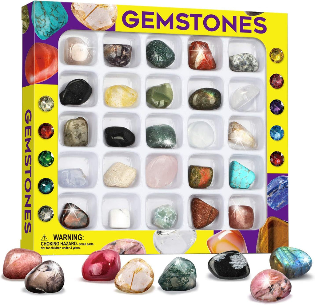 Rocks Collection 25PCS Rock and Mineral Education Set - Gemstones for Kids with Healing Chakra Stones & STEM Guide