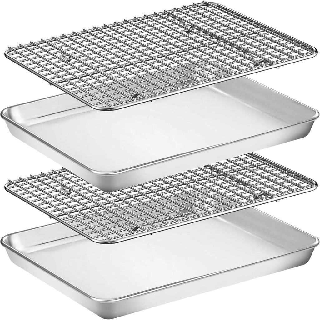 Wildone Baking Sheet Set - Stainless Steel Cookie Pans with Cooling Racks | 2 Pans & 2 Racks, 12 x 10 x 1 Inch, Non-Toxic & Easy to Clean
