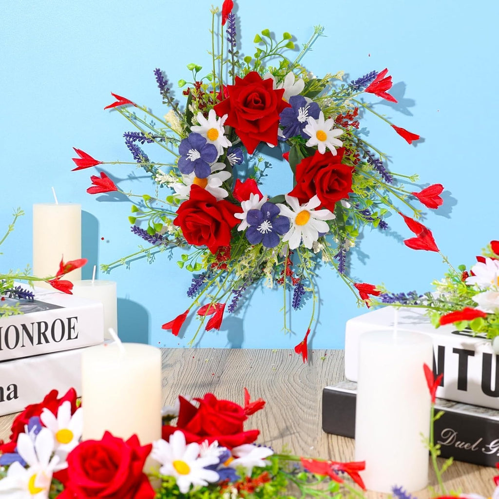 Veterans Day Candle Rings - 4 Pcs Red, White & Blue Mini Floral Wreaths for Patriotic Decor | 3 Inch