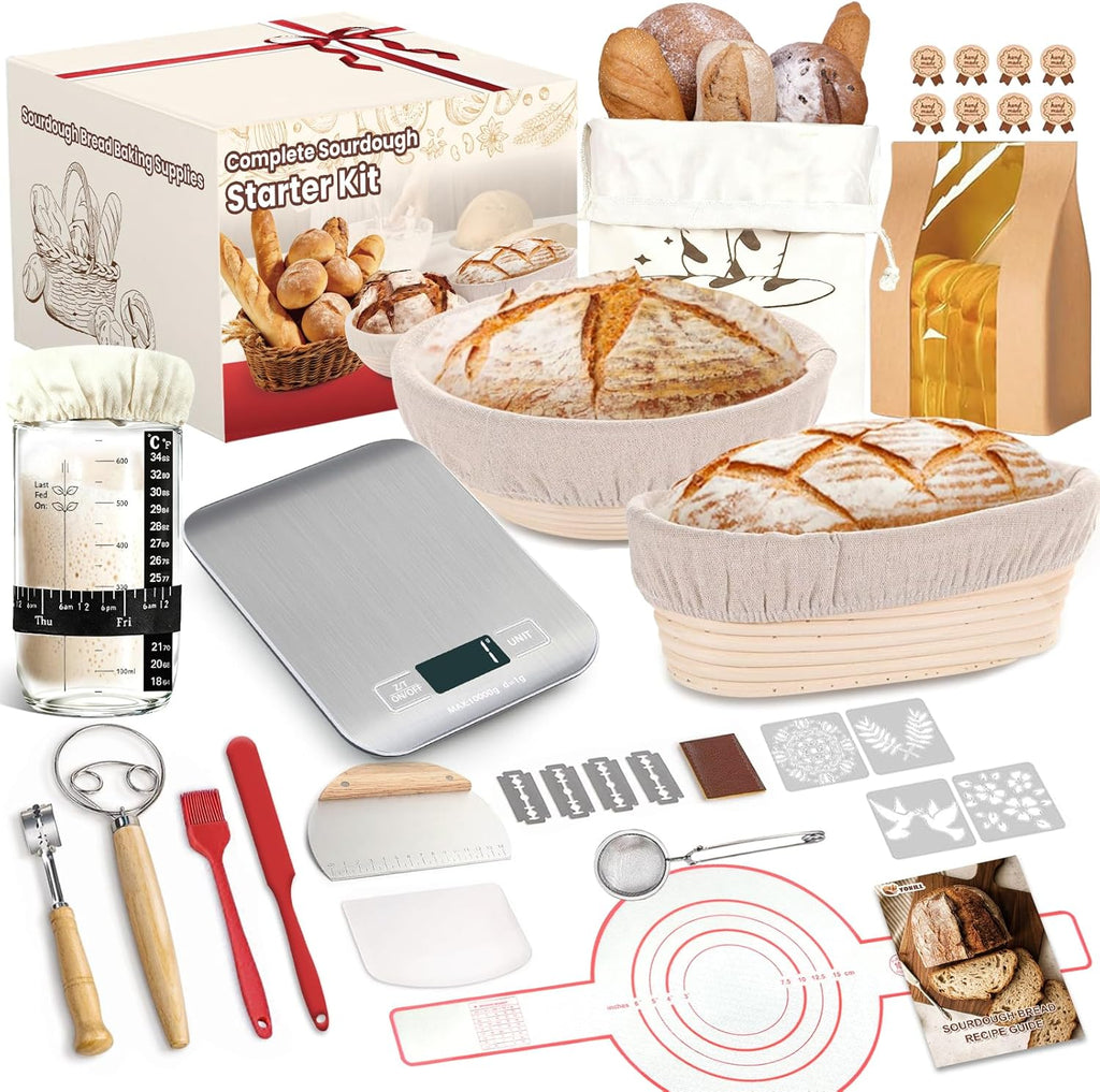 Skiennix Sourdough Starter Kit - Complete Baking Supplies with Scale, Glass Jar & Proofing Basket