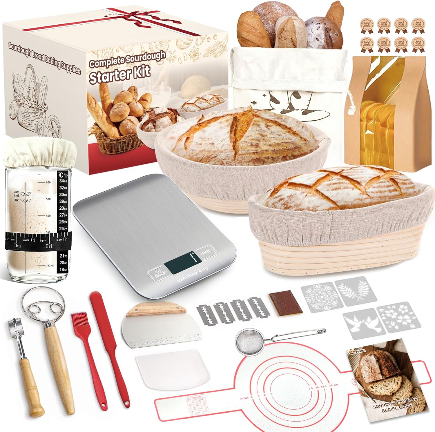 Skiennix Sourdough Starter Kit - Complete Baking Supplies with Scale, Glass Jar & Proofing Basket