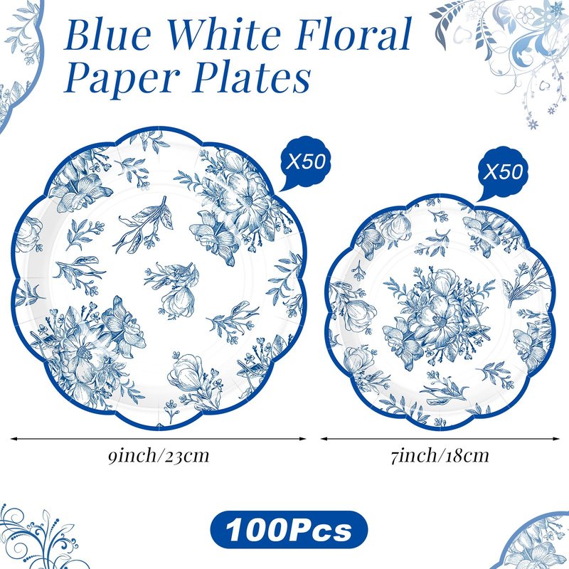 Booson 100 Pcs Blue Floral Plates Blue and White Flower Paper Plate 7 Inch 9 Inch Disposable Dessert Dinner Plates for Baby Bridal Shower Tea Party Supplies Wedding Birthday Decoration