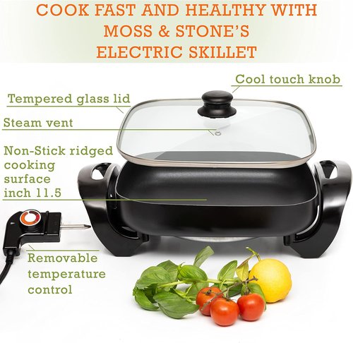 Moss & Stone Electric Skillet - 12x12 Inch Nonstick Frying Pan with Vented Glass Lid & Adjustable Temperature Control