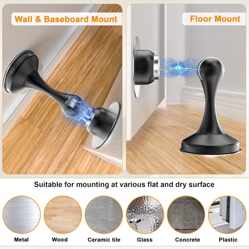 Crosize Magnetic Door Stoppers - Stainless Steel Wall & Floor Mount Door Holders | No Drilling, 2 Pack, Black