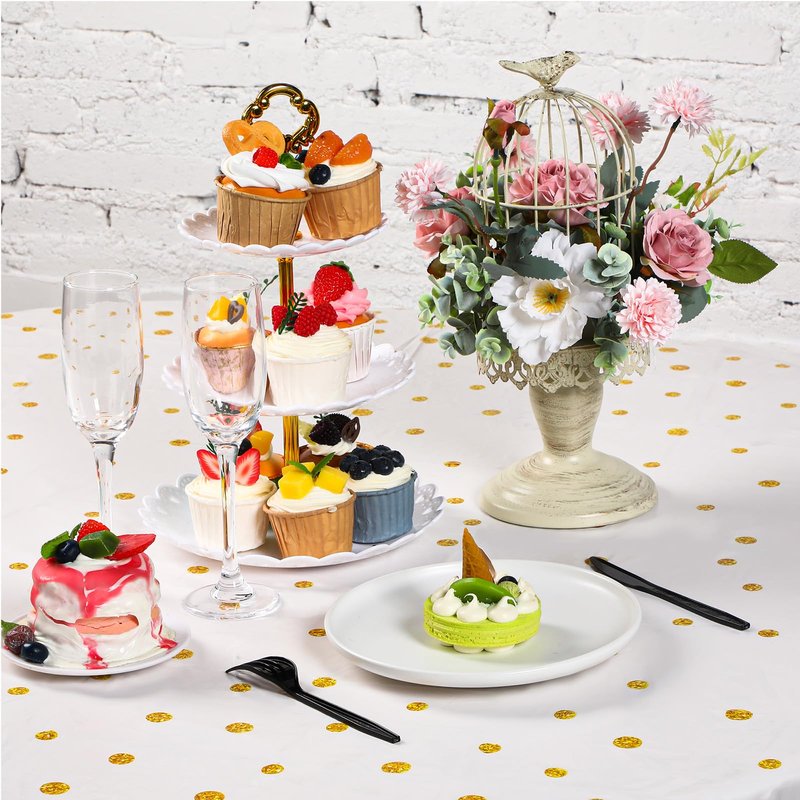 Newwiee 3 Pcs Round Dot Tablecloth 84 Inch Plastic Table Cover Graduation Confetti Tablecloths for Grad Wedding Bridal Shower Birthday Spring Graduate Party Decor (White and Gold Dots)