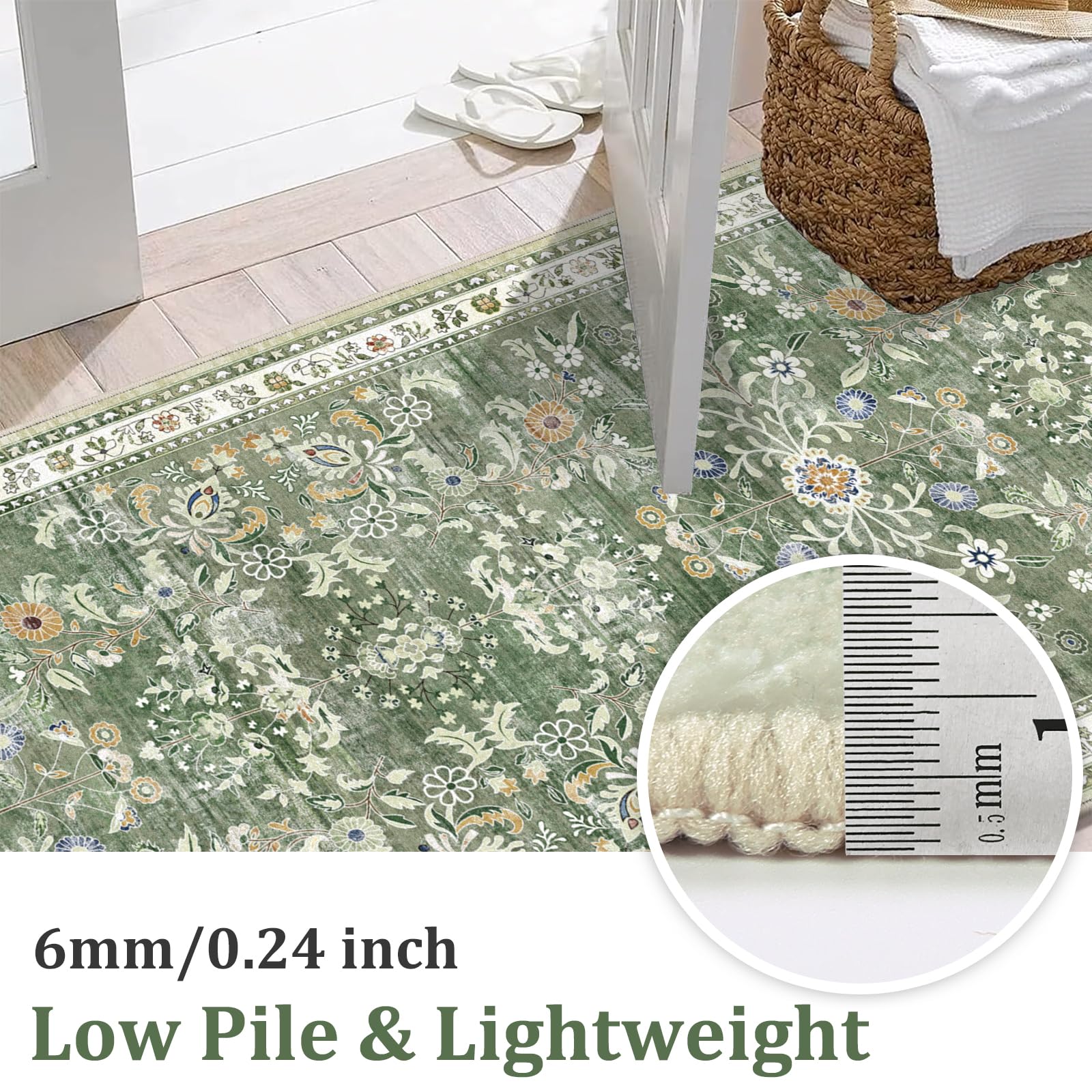 Yamaziot Washable Runner Rug 2x12 – Floral Non Slip Boho Hallway Runner Rug with Rubber Backing, Low Pile Faux Wool Distressed Carpet for Kitchen, Laundry, Bedroom, Entrance, Green