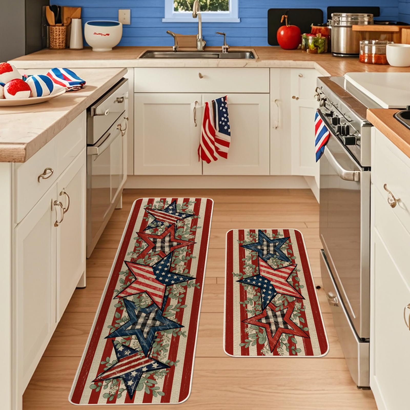 Moutina American Flag Stars Eucalyptus 4th of July Kitchen Rugs Set of 2, Memorial Day Independence Day Patriotic Home Decor Low-Profile Kitchen Mats for Floor - 17x29 and 17x47 Inch