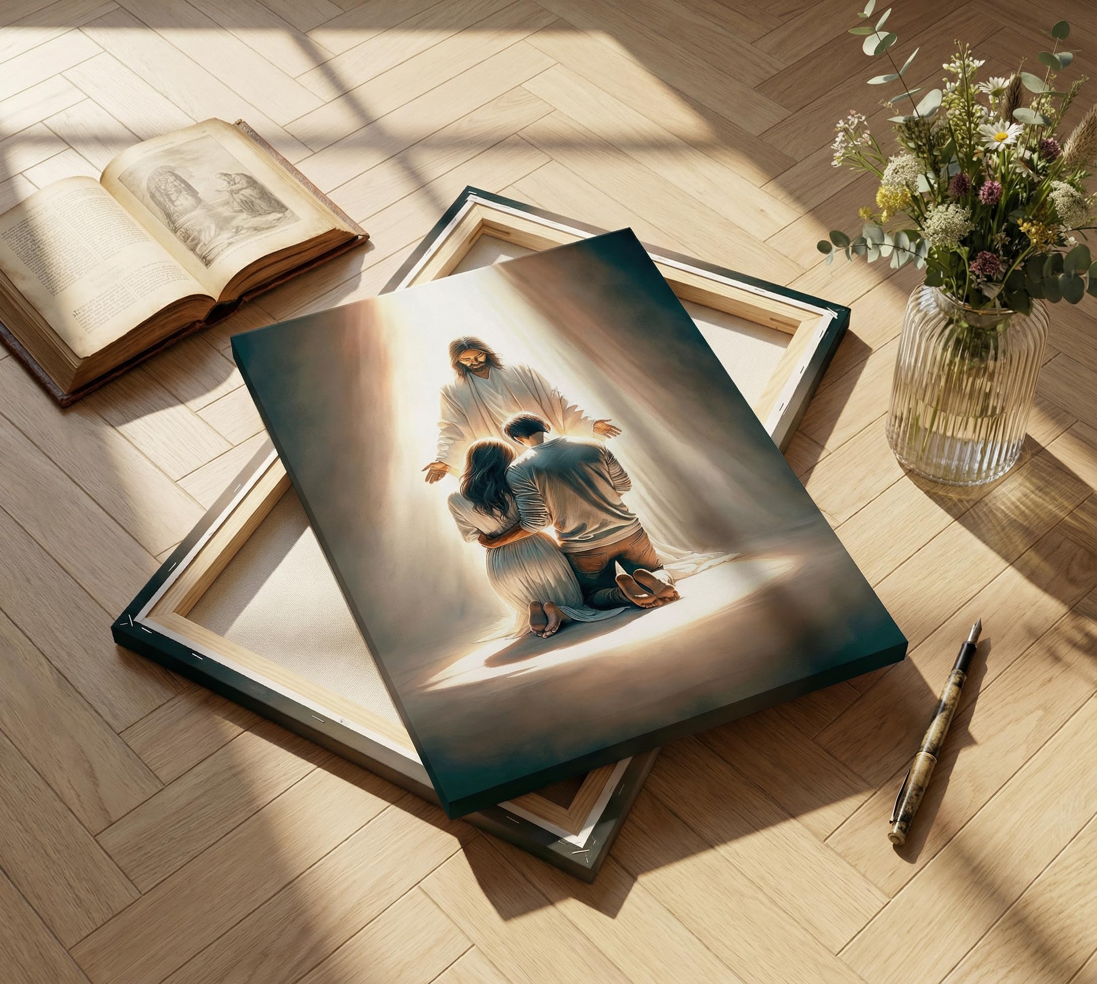 Jesus Blesses Couple Canvas Wall Art Couple Kneeling and Praying to Jesus Wall Decor Picture Christianity Christ Postre Print for Bedroom Living Room Church Prayer Room Artwork Home Decoration