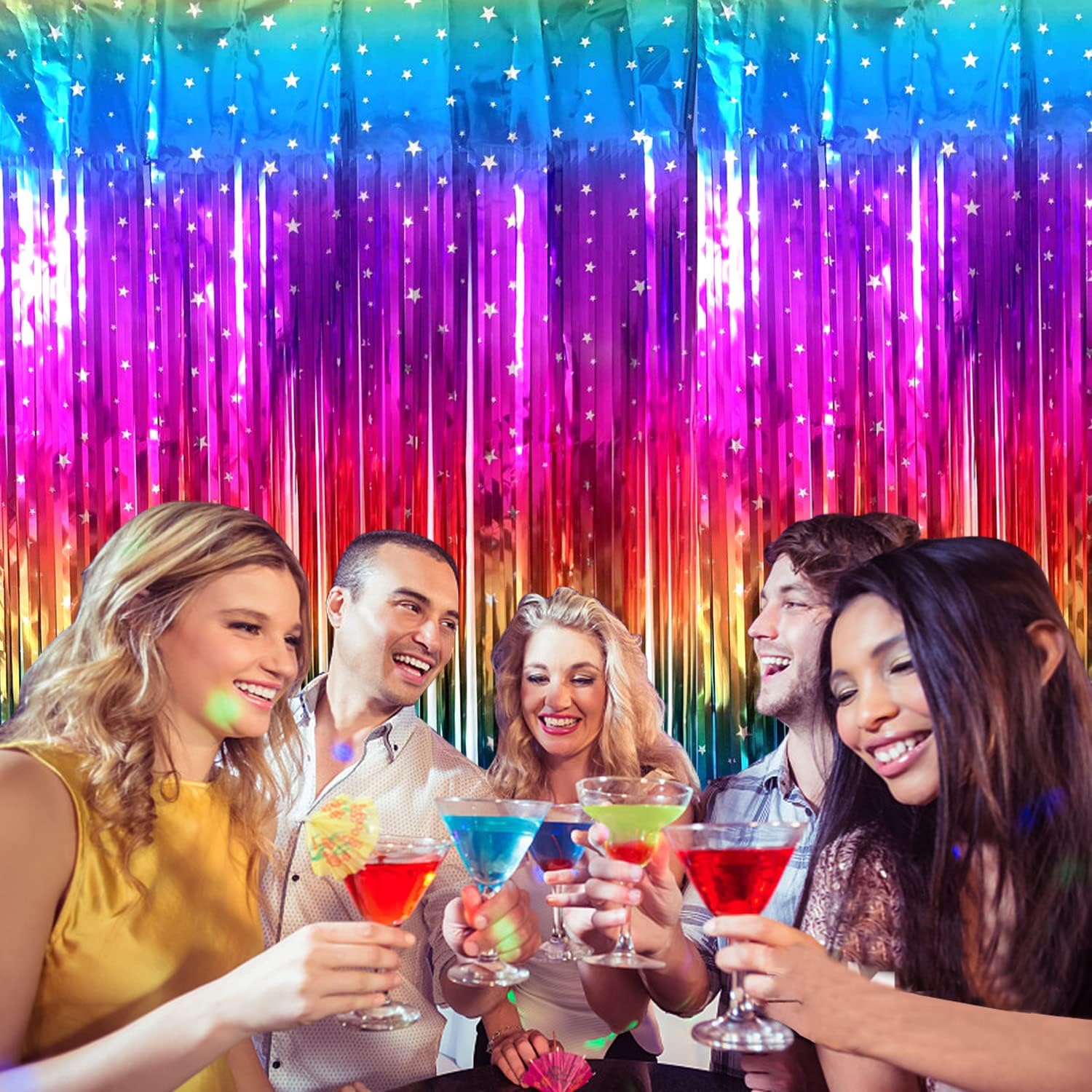 Rainbow Tinsel Foil Fringe Curtains - 2 Pack Metallic Streamers for Party Decor | 3.3x6.6ft Backdrop