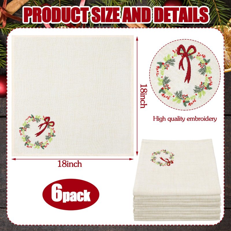 SmoothNovelty 6 Pcs Christmas Cloth Napkins Xmas Linen Dinner Napkins 18 x 18 Inch Soft Embroidered Linen Square Fabric Merry Christmas Wreath White Handkerchief for Wedding Holiday Dining Gifts