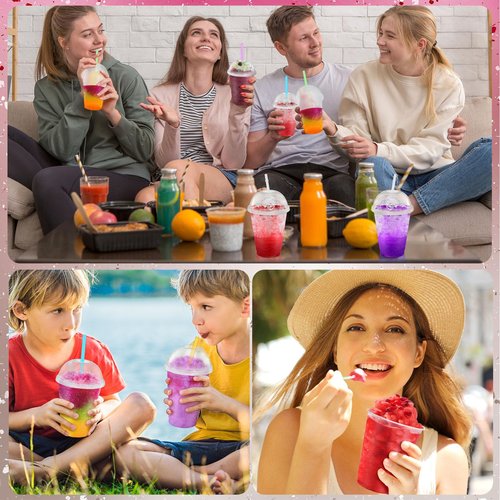 Ninehaoou 24 Sets Slushie Cups with Dome Lids and Straws Detachable Spoon Straws Reusable 16 oz Plastic Iced Coffee Cups Smoothie Tumbler for Birthdays Summer Party Supplies (Transparent White)
