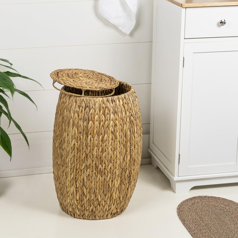 happimess SSL1001A Colt 21.06" Coastal Bohemian Handwoven Hyacinth Barrel Wicker Storage Basket with Lid End Table,Natural Side Table for Decoration in Bathroom, Bedroom, Living Room
