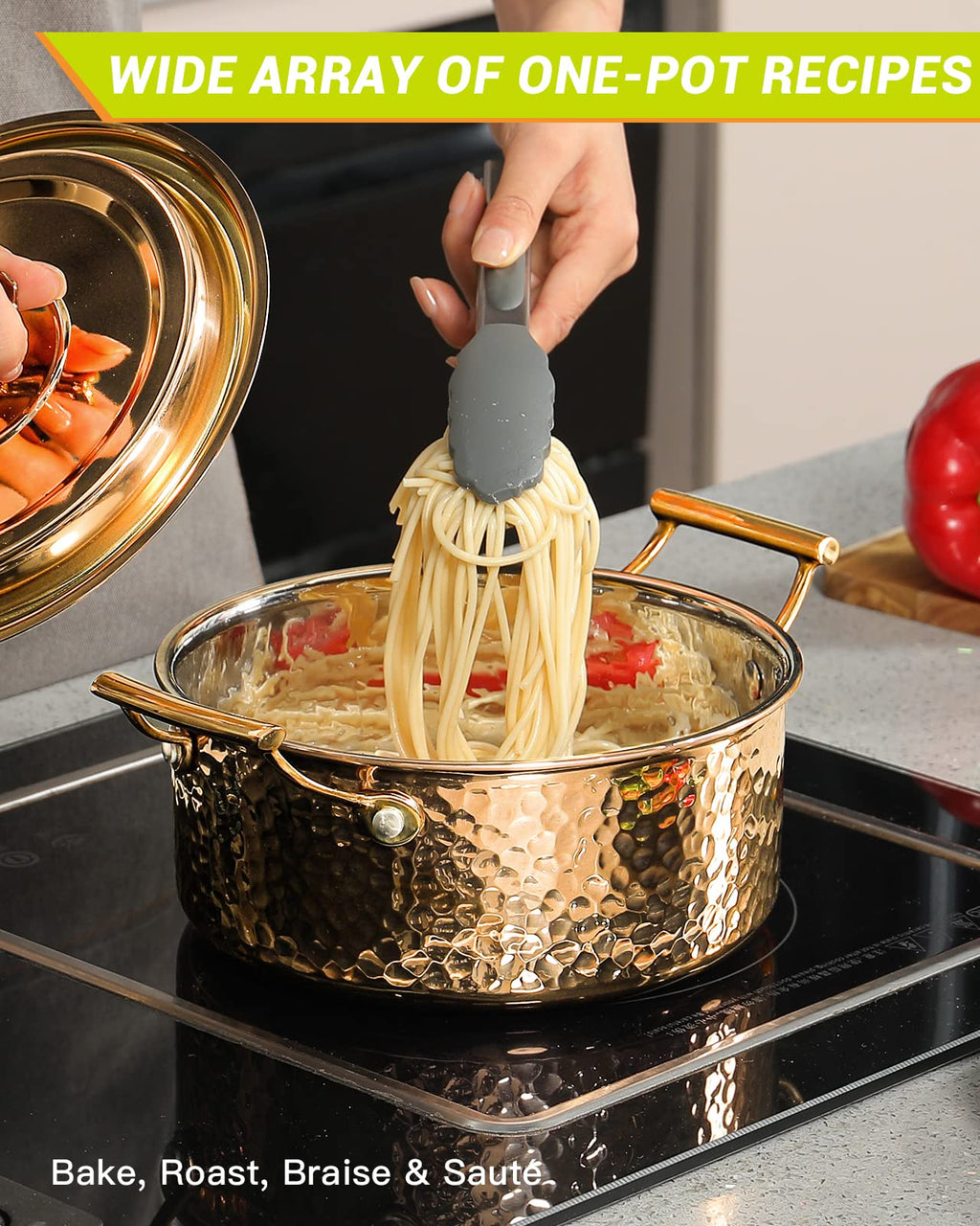 DAEDALUS 2QT Stainless Steel Stock Pot with Lid 3 Triply Clad Hammered Copper Pot, Nonstick Boiling Cookware for Home Kitchen Restaurant, Dishwasher Oven Safe Rose Gold