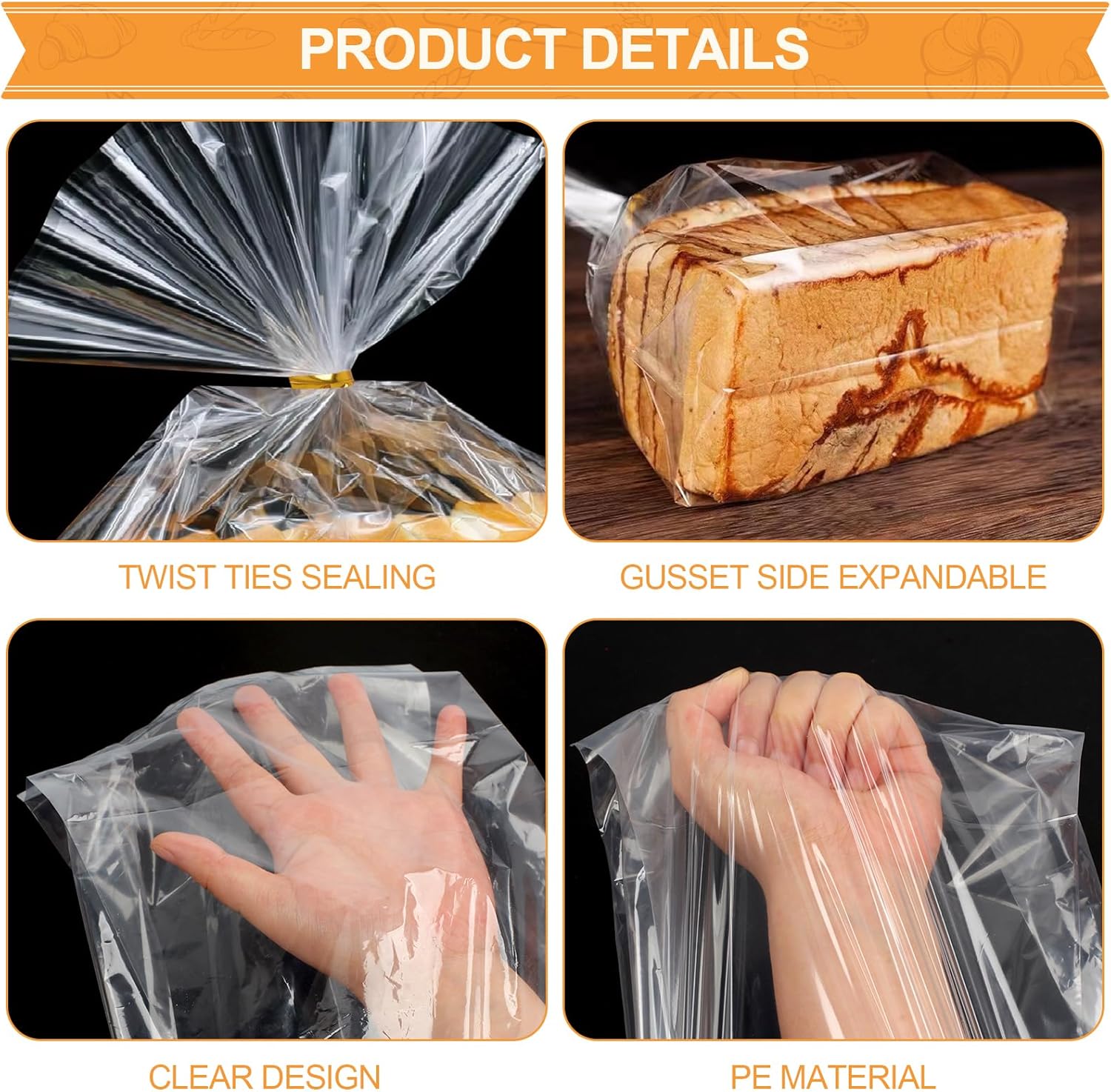 Vivinin Clear Bread Bags - 70 Pack with 100 Ties | 8" x 4" x 18" Reusable Storage for Homemade Bread