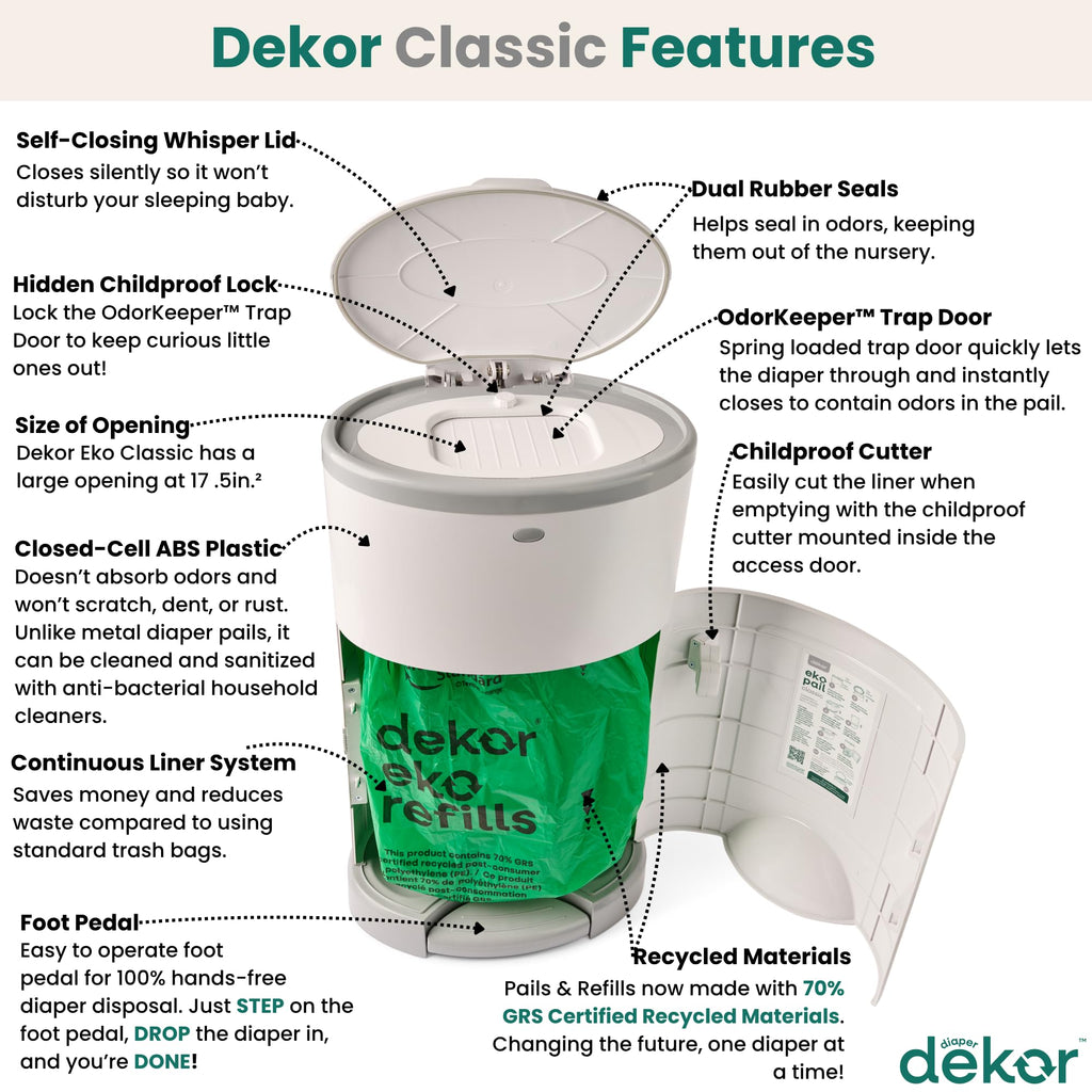 Diaper Dekor Classic Hands-Free Diaper Pail | EKO Gray | Easiest to Use | Just Step – Drop – Done | Doesn’t Absorb Odors | Most Economical Refill System | 70% Recycled Materials
