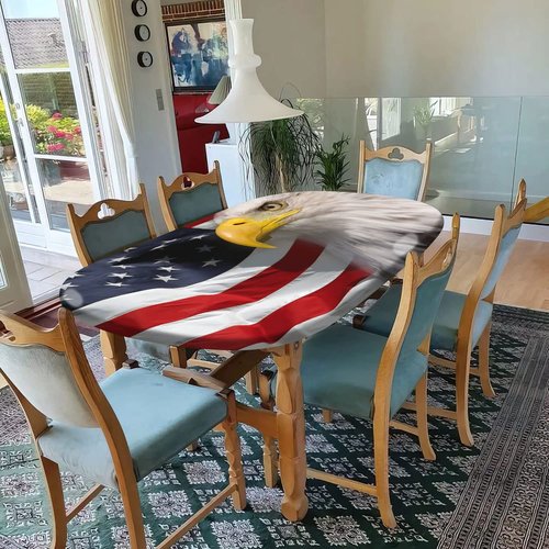 4th of July Oval Fitted Tablecloths, American Bald Eagle on American Flag Elastic Edged Table Covers, Fits Tables up to 48" x 68", Windproof Table Cloths for Indoor Restaurant Outdoor Dining Decor