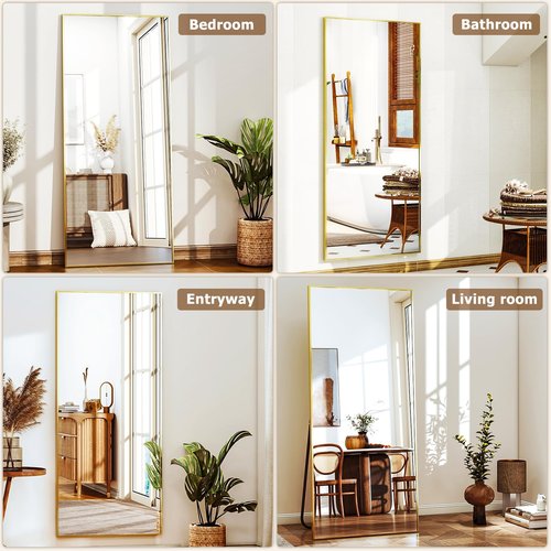 Easly Full-Length Mirror, 24"x68" Floor Mirror with Stand, Wall-Mounted Mirror for Bathroom, Dressing Room - Hanging or Leaning - Full Body Mirrors for Bedroom, Gold