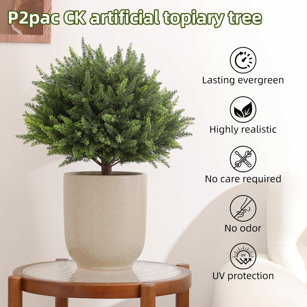 Pertivery 2 Pack Artificial Cedar Topiary, 23.6Inch UV Resistant Artificial Shrubs, with Ground Spikes, Indoor and Outdoor Fake Evergreen Tree for Porch, Garden, Front Door Decoration