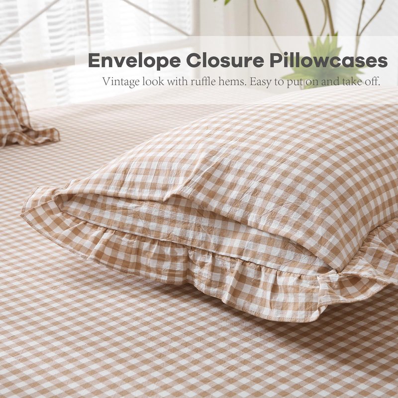 K MASANIJI Taupe White Plaid Ruffle Sheets Queen Size 4-Piece Set, 300TC 100% Yarn Dyed Washed Cotton Checker Sheets 18'' Deep Pocket Farmhouse Gingham Decorative Bedding（Taupe/White Plaid, Queen）